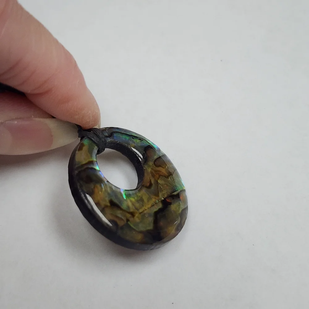 Iridescent Abalone Shell Like Wood Pendant Cord Necklace